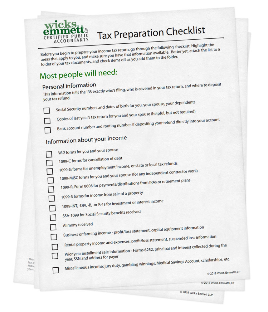 Tax preparation checklist Wicks Emmett CPA Firm